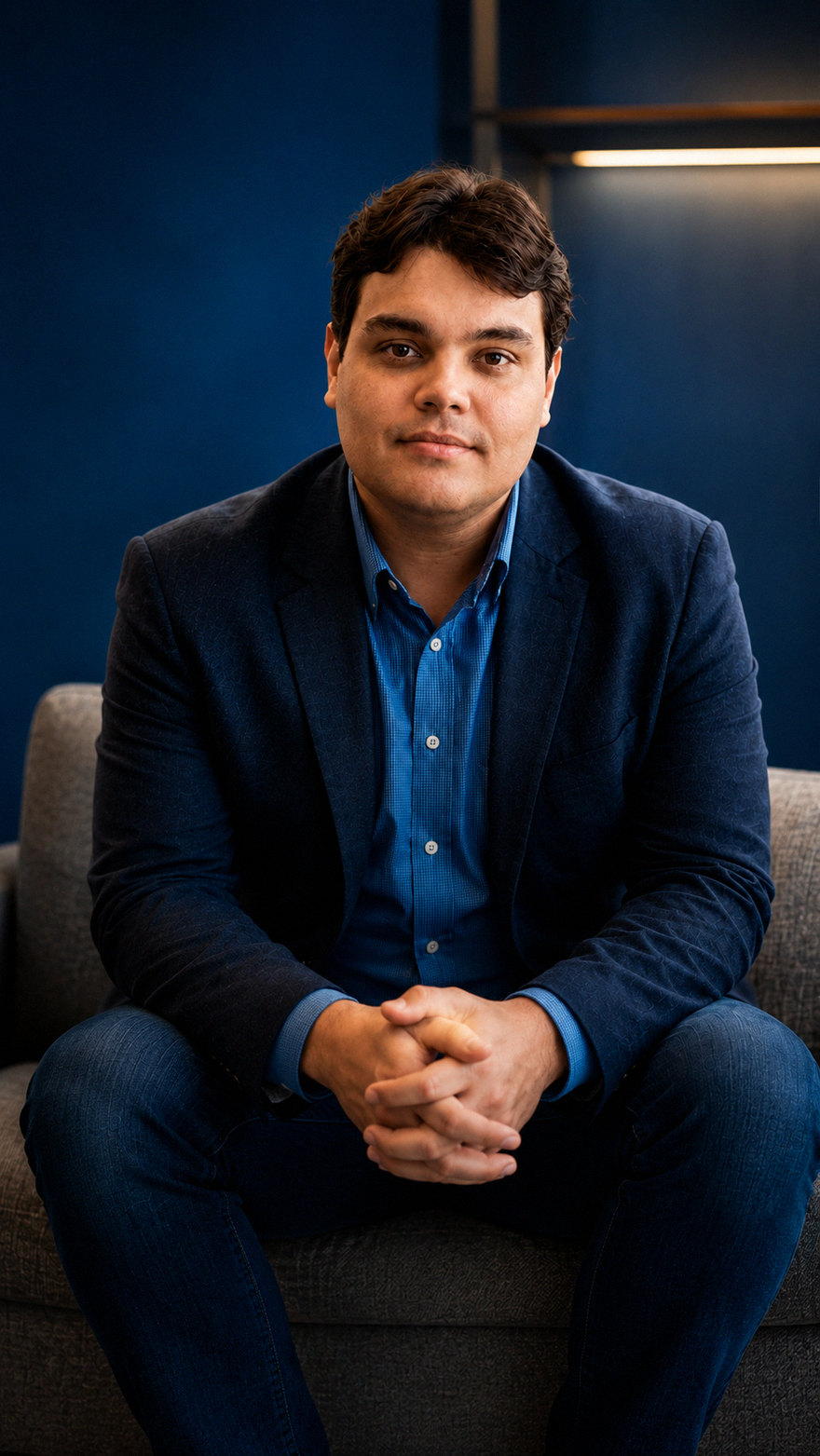 Vitor Arguello, psicólogo, sentado em ambiente acolhedor